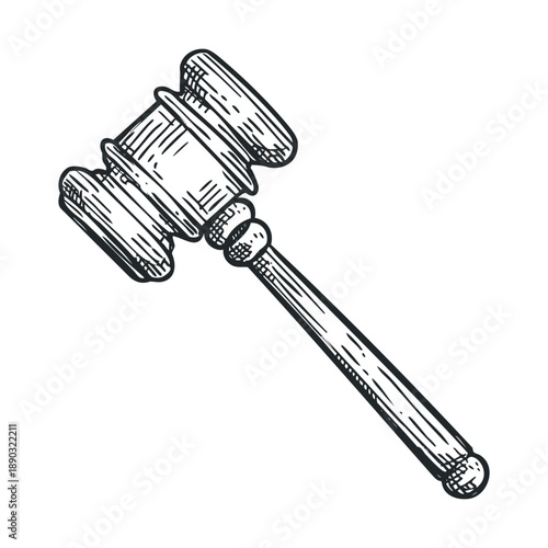 Wooden judge gavel, hand drawn sketch style illustration, representing law, justice, and authority with a classic vintage engraving aesthetic.