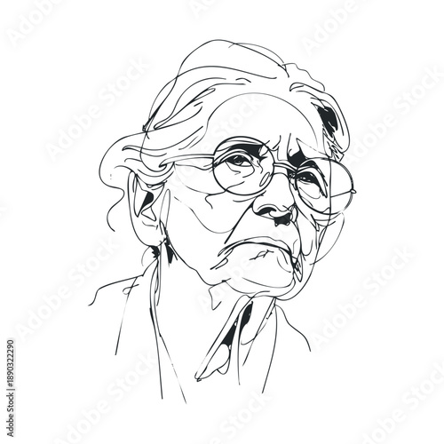 Elderly woman with glasses depicted in a minimalist black and white line art illustration, showcasing a thoughtful and experienced expression.