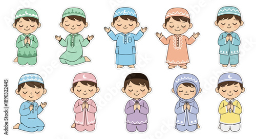 Cute cartoon illustrations of Muslim children praying in traditional attire, showing various prayer poses and expressions of devotion.