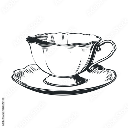 Elegant teacup and saucer illustration in a classic vintage style, perfect for adding a sophisticated touch to any design project or publication.