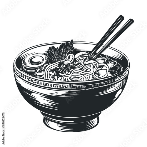 Delicious ramen bowl with chopsticks filled with savory noodles and various ingredients, presented in a traditional Asian style vector illustration.