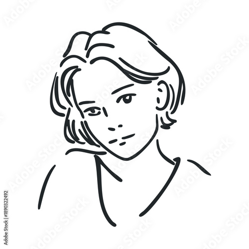 Young woman's minimalist line art portrait with a serene and thoughtful expression, rendered in a simple, elegant sketch style perfect for modern design.