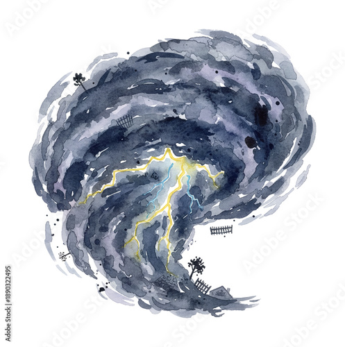 Powerful Watercolor Storm Swirling with Lightning Striking a Landscape with Trees and Fences