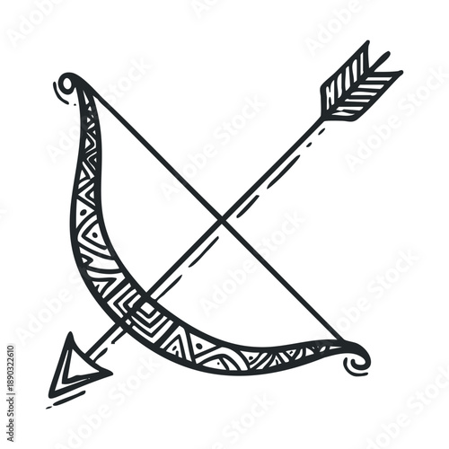 Stylized bow and arrow illustration featuring intricate tribal patterns and a hand-drawn aesthetic, perfect for various design projects.