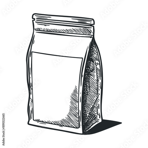 Blank stand up pouch packaging hand drawn sketch illustration, perfect for showcasing coffee, food, or other dry goods product designs and branding.