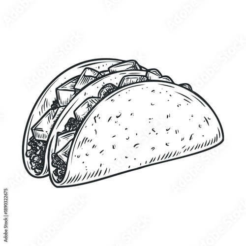 Two delicious tacos with savory fillings are depicted in a classic hand-drawn engraving style, perfect for menus or food-related designs.