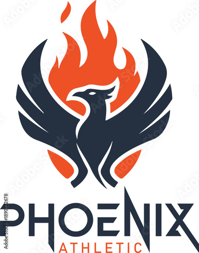 Dynamic phoenix athletic logo featuring a bold dark blue bird rising from vibrant orange flames