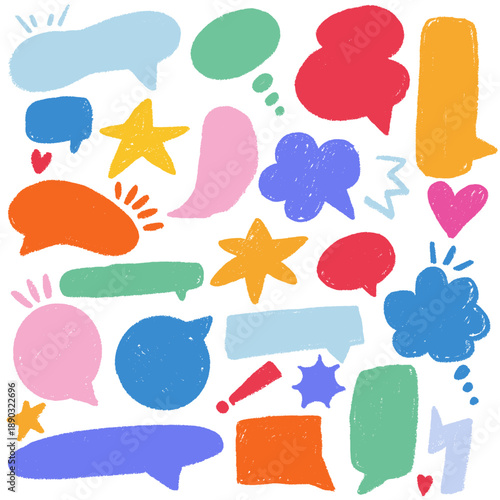 Colorful flat speech bubbles set with hand drawn shapes. Doodle symbols and icons for social media, communication, messages and creative design.