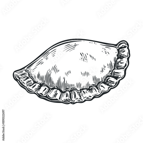 Delicious traditional empanada pastry with a crimped edge is depicted in a vintage hand-drawn engraving style, perfect for culinary designs.