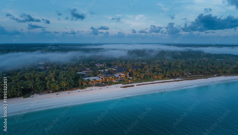 Fototapeta premium Showing beachfront villas strip stretching along white sand beach at dawn, with palm trees, mist