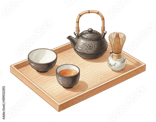 Traditional Japanese tea ceremony set with dark teapot bamboo handle two bowls and whisk on wooden tray