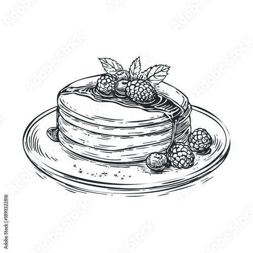 Pancakes stack with berries and syrup drizzling down, presented on a plate in a hand-drawn sketch style, perfect for breakfast or dessert illustrations.