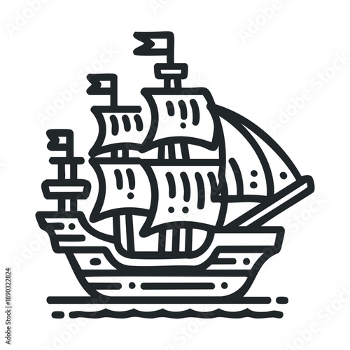 Classic sailing ship with multiple masts and billowing sails navigates the open waters, depicted in a charming, bold line art style.