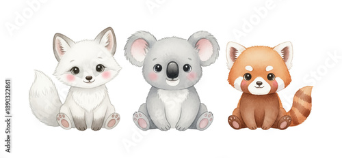 Adorable baby white fox koala and red panda sitting together smiling with happy expressions in a cute illustration