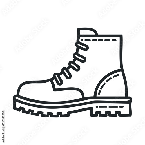 Single black outline drawing of a combat boot with laces and a sturdy lug sole, representing durability and rugged outdoor footwear.