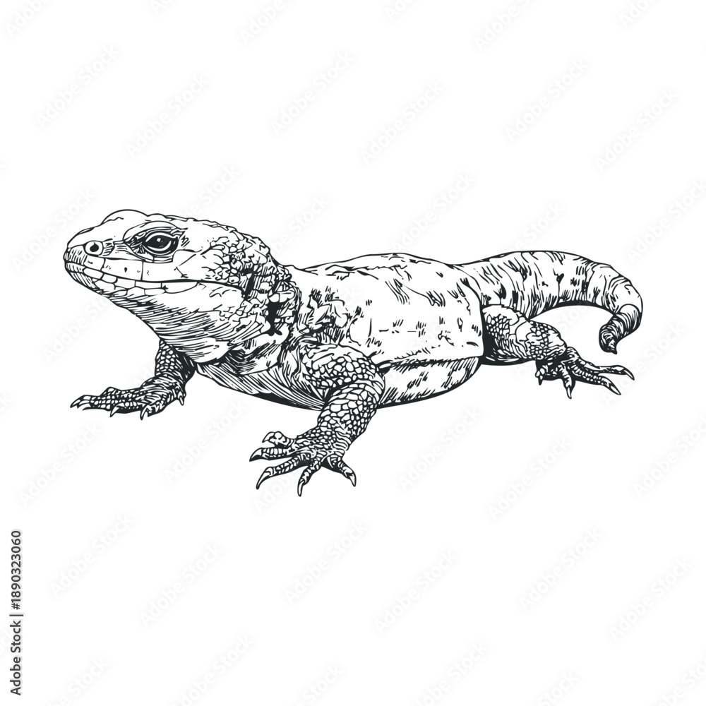 Obraz premium Detailed black and white lizard illustration showcases the intricate scales and powerful build of this fascinating reptile, rendered in a classic engraving style.