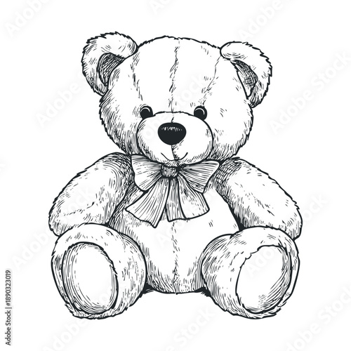 Charming hand-drawn teddy bear illustration sits with a sweet bow, showcasing a classic vintage sketch style perfect for children's designs and nostalgic themes.