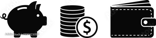 Set of black flat icons featuring a piggy bank stack of dollar coins and a leather wallet for finance savings banking and investment concepts