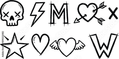 Hand Drawn Tattoo Style Icons Set with Skull Hearts Lightning Star and Letter Symbols in Grunge Outline Vector