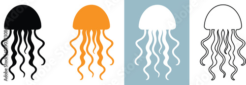 Jellyfish vector silhouette illustration.Jellyfish icon clipart, flowing tentacles displayed.Jellyfish logo