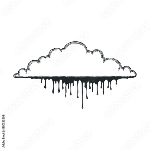 Cloud with dripping black ink in a hand-drawn engraved style, creating a unique and artistic illustration with a grunge or melting effect.