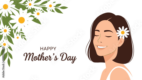 Happy Mother Day greeting card featuring a beautiful smiling woman with a daisy flower in her hair and floral decorations in the corner.