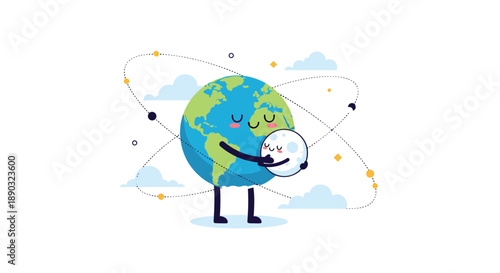 Cute earth character hugging the moon in space representing environmental love, global friendship, and astronomical harmony.