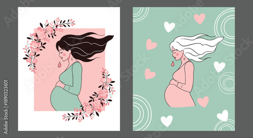 Pregnancy announcement cards featuring a profile of a pregnant woman with flowers and hearts in different color palettes.