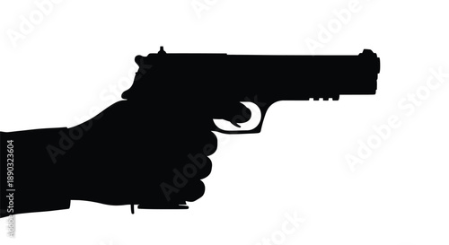 A black handgun held in a hand stark outline silhouette