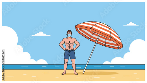 Muscular man wearing a surgical face mask and blue swim shorts standing on a sunny beach next to a striped umbrella for safe summer travel.
