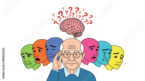 Elderly man looking thoughtful with a brain illustration and various colorful sad faces, depicting dementia and mental health challenges.