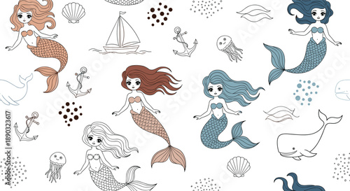 Magical mermaid and sea life pattern featuring cute girls with fish tails, whales, anchors, and jellyfish in soft colors.