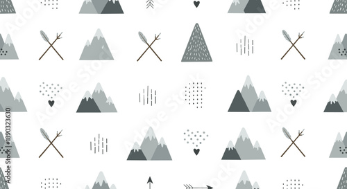 Tribal mountain pattern with arrows, hearts, and geometric shapes in grey and black tones for nursery or home decor.