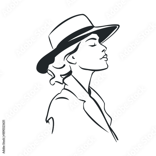 Elegant woman wearing a stylish hat and coat with her eyes closed, exuding a sense of calm and classic sophistication in a minimalist line art illustration.