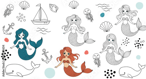 Nautical and mermaid illustration set with cute sea girls, whale, boat, anchor, shells, and jellyfish for children design.