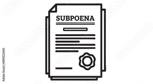 A subpoena document with a legal notice and a distinctive emblem is depicted in a simple black and white illustration style from a straightforward front viewpoint.
