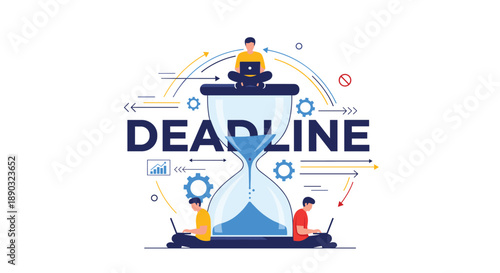Work deadline and time management concept showing people working on laptops around a giant hourglass with gears and arrows.