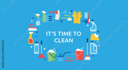 Cleaning service concept with various supplies like spray bottles, buckets, gloves, and brushes arranged in a circular frame.