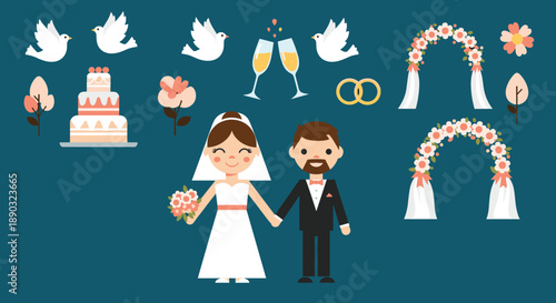 Wedding celebration icon set including bride and groom, tiered cake, wedding rings, white doves, and floral arches.