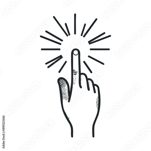 Hand with an index finger pointing upwards, surrounded by radiating lines, symbolizing a touch, press, or activation in a doodle style.