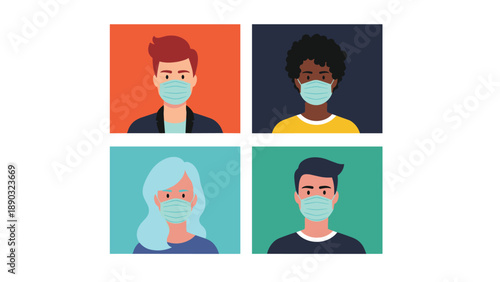 Four individual portraits of diverse men and women all wearing blue surgical face masks on different colored backgrounds for public health.