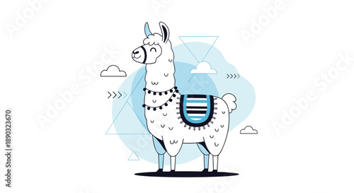 Cute white llama character standing in front of abstract geometric shapes and clouds on a clean white background.