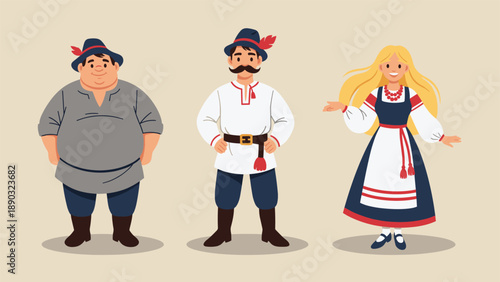 Three characters dressed in traditional Slavic folk costumes including two men with hats and a blonde woman in a white and blue dress.