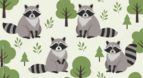 Forest animal pattern featuring cute raccoons sitting among various green pine trees and bushes on a light background.