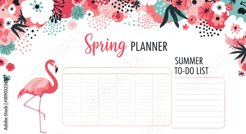 Spring planner and summer to-do list template with pink flamingo, floral borders, and organized schedule sections for planning.