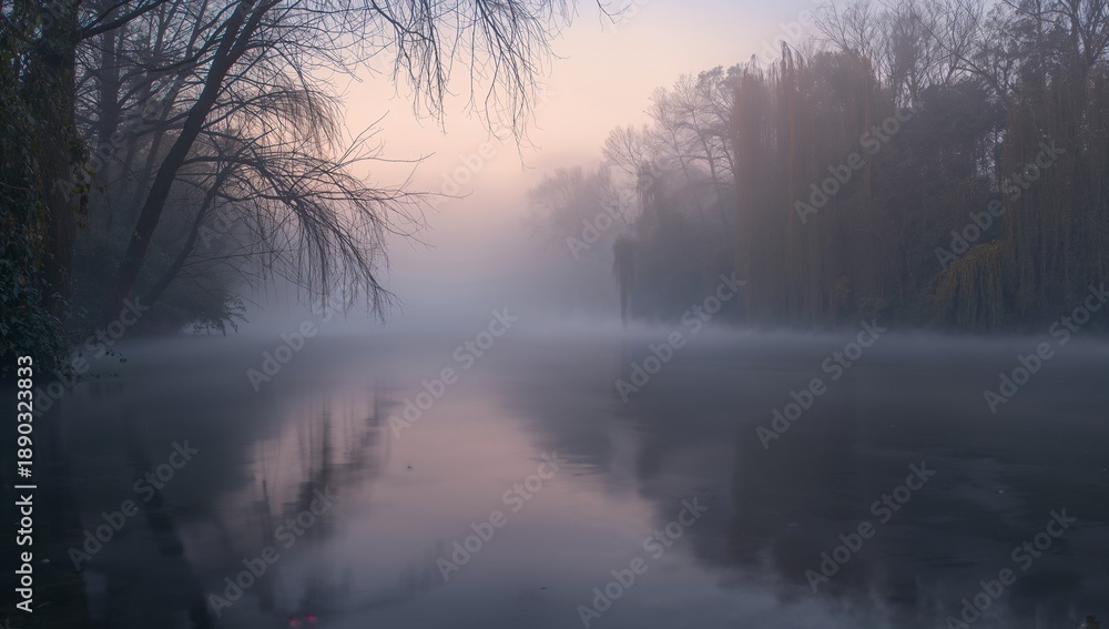 Fototapeta premium Capturing calm water channel gliding toward fog at wooded riverside, with reflected trees