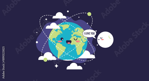 Cute cartoon Earth and Moon characters in space with a loving message and floating stars and clouds representing cosmic love and planetary friendship.