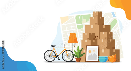 Moving house concept with a stack of cardboard boxes a bicycle lamp plant and map in the background representing relocation and new beginnings.