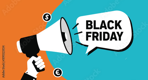 Black Friday promotional banner with a hand holding a megaphone and currency symbols on a colorful background for shopping holiday sales and deals.