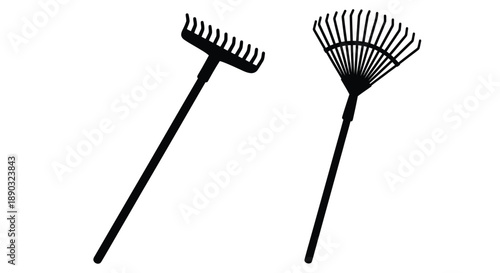 Two garden rakes displayed against a white background silhouette